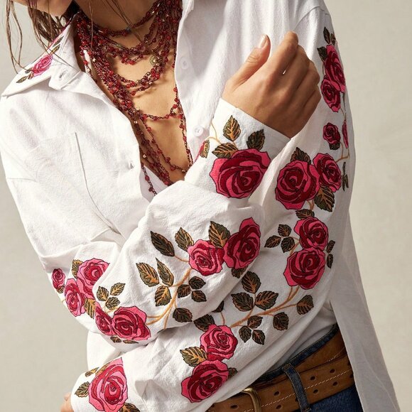 White Boho Women's Woven Asymmetrical Long Sleeve Shirt - Picture 1 of 7